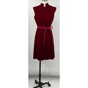 Vintage 60s Velvet Belted Tie Waist Mini Dress High Neck Stand Collar Maroon Red thumbnail 3