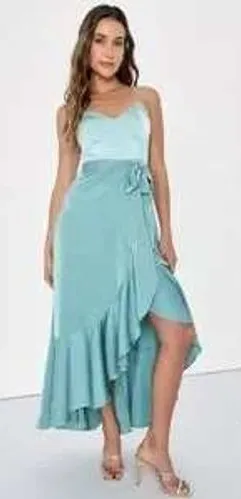 NWT Lulus Double Darling Sage Green Satin‎ Ruffle Maxi Dress Womens XL Evening thumbnail 1