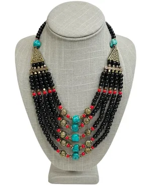 Faux Turquoise & Glass Beaded Multi Strand Layered Statement Bib Necklace thumbnail 1
