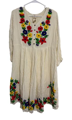 Riviera Sun Peasant‎ Dress Embroidered Floral Cream Gauze NWT Boho Medium thumbnail 1