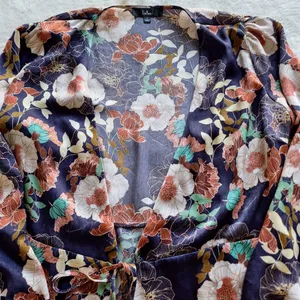 Lulus Floral Tie Front Ruffle Cardigan Top Kimono Navy L thumbnail 2