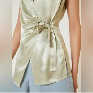 NWT‎ ANTHROPOLOGIE Iridescent Satin Wrap Top, Small, Metallic Sleeveless Ruched thumbnail 3