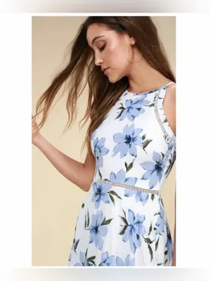 NWT Lulus Lovely White Blue Floral Print 100% Cotton Midi Dress Women's Size XL thumbnail 3