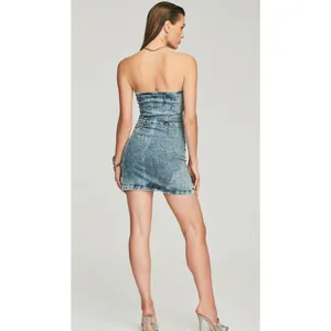 Retrofête Megh Strapless pleated Denim Mini Dress Marble Sky Button Front XS thumbnail 4