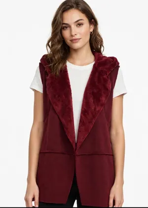 Altar'd State Burgundy Faux Fur Hooded Vest Sleeveless Open Cardigan Size M NWT thumbnail 1