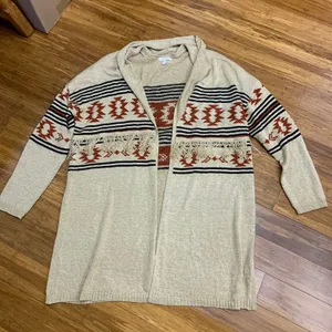 Maurices Women's 1X‎ Beige Geometric Fringe Longline Open Front Cardigan Sweater thumbnail 1