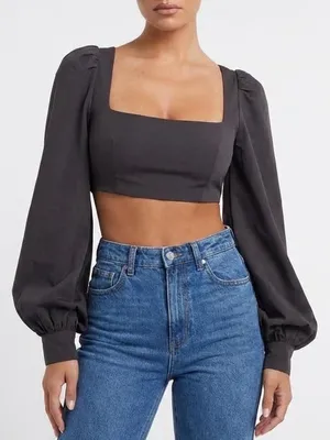Naked Wardrobe Black Puff Sleeve Square Neck Crop Top NWT Statement Blouse Sz XS thumbnail 1