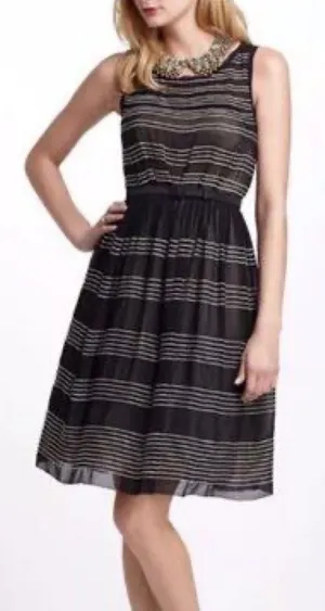 Anthropologie Hitherto Silk Dress Stripes Retro Sleeveless Fit‎ and Flare Black thumbnail 1