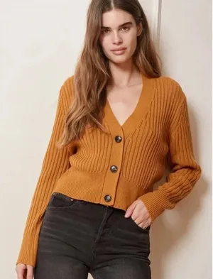 Lulus Camel Mustard Yellow Ribbed Knit Short Cardigan Sweater Women Size XL v6x thumbnail 1