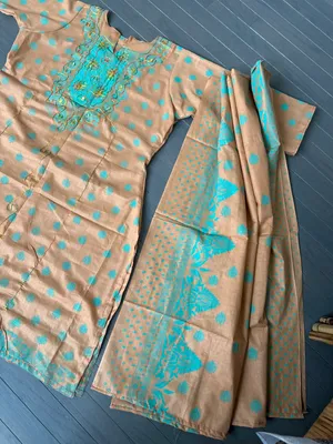 Indian Pakistani 3 Piece Embroidery Printed Light Brown Shalwar Kameez Sz M thumbnail 3