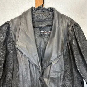 Vintage 80s Wilsons Black Leather Paisley Print Long Sleeve Coat‎ Size M thumbnail 2