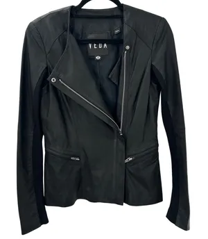 VEDA Black Lamb Leather Asymmetrical Moto‎ Biker Peplum Jacket Womens Sz Small thumbnail 1