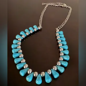 Vintage Turquoise Beaded Necklace | Silver Tone Statement | Southwestern Boho thumbnail 2