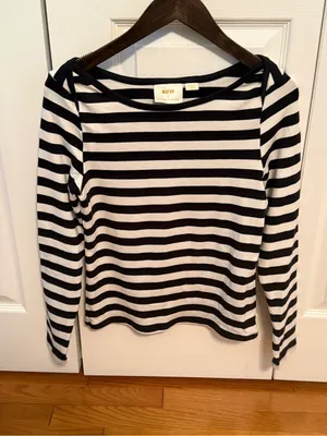 Anthropologie Maeve Boatneck Top in Black and White Stripe thumbnail 2