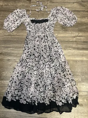 by Anthropologie Small Floral Smocked Puff Sleeve Midi Dress Boho Black thumbnail 3