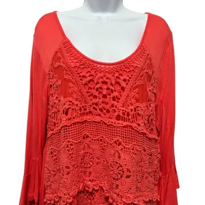 Live and Let Live Womens Crochet Tunic XL Coral Boho Cottage Lace‎ Chiffon Indie thumbnail 4