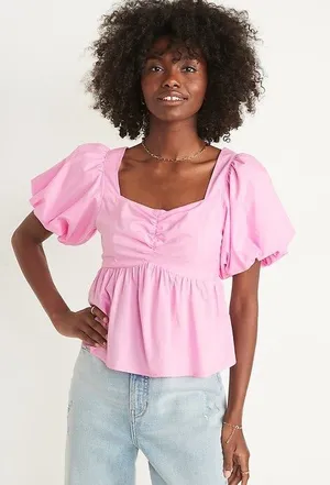 Old Navy Pink Puff Sleeve Square Neck Peplum Blouse thumbnail 1