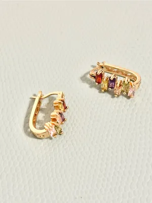 Rainbow Baguette Huggie Hoop Earrings Gold Plated Multicolor CZ Boho thumbnail 3
