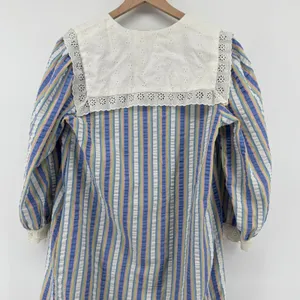 Vtg Saybury Striped Seersucker‎ Nightgown Mumu Women M Eyelet Collar Pastel Zip thumbnail 7
