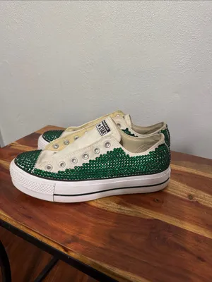 Custom Emerald Green Rhinestone Converse Lift Platform Low Tops Size 10 thumbnail 4