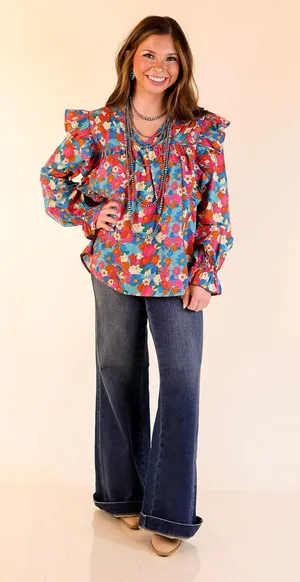 Entro Floral Detail Long Sleeve V-Neck Ruffle Detail Blouse Blue Multi thumbnail 1