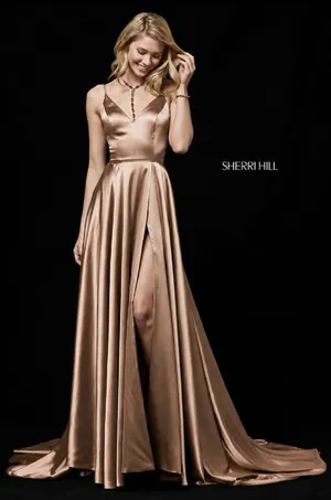 NWT Sherri Hill 52119 Mocha Silk Charmeuse V Neck High Slit Prom Gown Dress 4 thumbnail 1