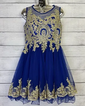 Tulle Prom Homecoming‎ Dress Blue & Gold High Neck Tank Above Knee Length Size 4 thumbnail 1