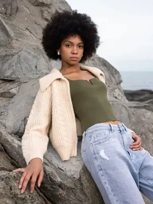 Cider Cream Wool Blend Cable Knit‎ Full Zip Cropped Cardigan Sweater Small thumbnail 1