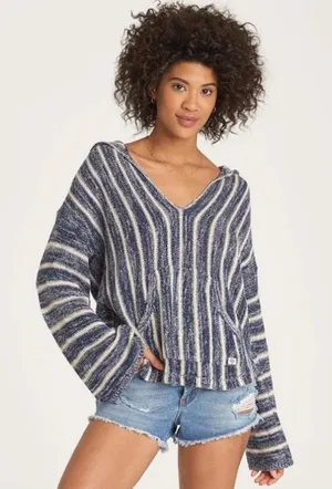 *Billabong Navy & Cream V Neck Knit Hoodie Sweater #U thumbnail 1