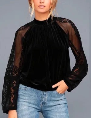 Free People Dream Team Black Velvet Lace Blouse Sz S thumbnail 2