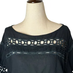 Pam &‎ Gela Shirt Women Small Black Cotton Crochet Lace Top Boho Peasant Gothic thumbnail 4