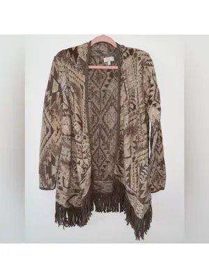 Lucky Neutral Boho Folk Aztec Western Fringe Open Front Cardigan size small thumbnail 2