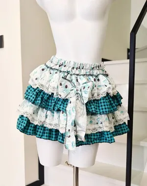 Plaid Print Tiered Ruffle Mini Skirt Lace Trim Bow thumbnail 1