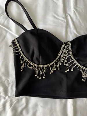 Black Crop Top With Rhinestone Fringe Detail thumbnail 2