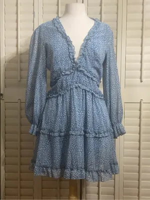 Blue Ruffle Open Back Mini Dress Coquette Cottagecore Size M thumbnail 3