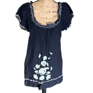 Cute Option Bohemian Black Lined Crepe Embroidered Mini Dress Size L thumbnail 2