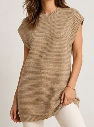 Women's Beige Ribbed Knit Sweater Vest Size L Sleeveless Pullover Fall Top thumbnail 1