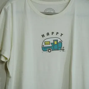 Life is Good Women's Large Happy Camper Graphic T-Shirt Cream Cotton Outdoors thumbnail 2