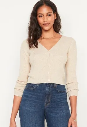 NWT Old Navy Cream Long-Sleeve Cropped Rib-Knit Cardigan Sweater Size XS Petite thumbnail 1