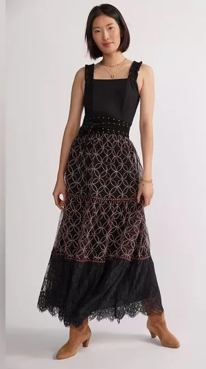Anthropologie bl-nk embroidered chiffon and lace maxi skirt thumbnail 3