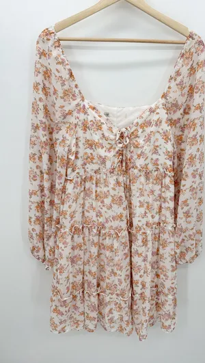 Orange Pink Microfloral Long Sleeve Boho Peasant Mini Dress Ruffle‎ Summer Sz M thumbnail 1