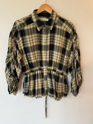 We The Free Ruched Sleeve Fringe Hem Plaid Snap Button Shirt Black Women's Small thumbnail 1