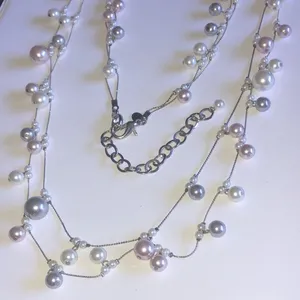 Chico's Silver Tone Faux Pearl Beaded Boho Double Strand Necklace thumbnail 2