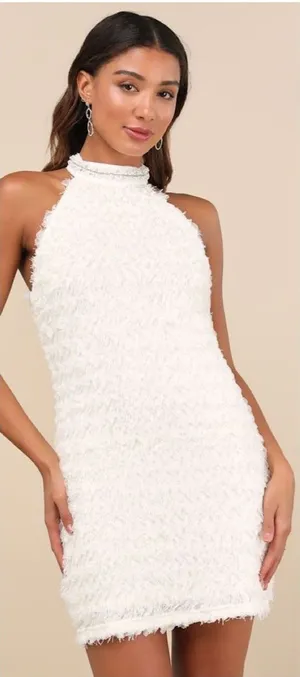 Lulus Absolutely Luxe Cream Textured Pearl Halter Mini Dress Size Medium Bridal thumbnail 1