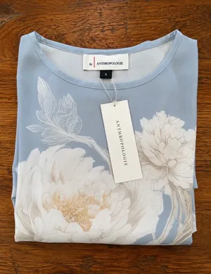 Anthropologie Blue Floral Semi Sheer Blouse NWT Cap Sleeve Boho Romantic Top S thumbnail 5