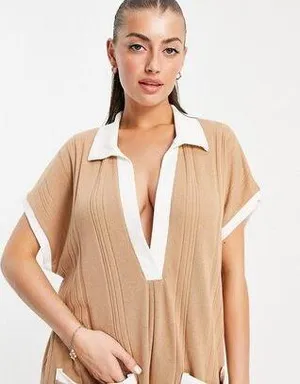 ASOS Design Contrast Collar Oversized Rib Romper In Brown thumbnail 2
