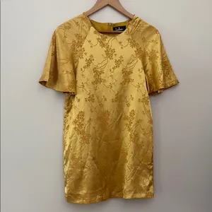 Lulus Blossom Golden Yellow Floral Jacquard Shift Dress‎ Lightweight Satin Sz S thumbnail 2