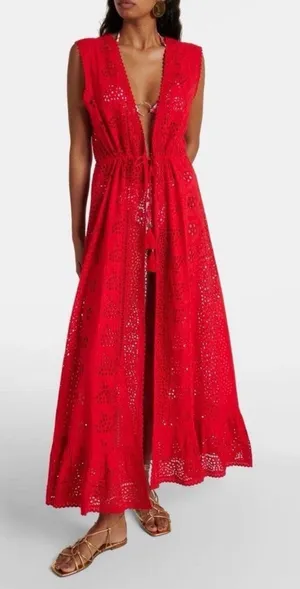 Melissa Odabash Tessa red cotton eyelet midi beach dress, size Small thumbnail 1