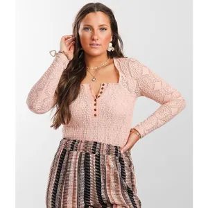 Gimmicks by BKE Light Peach Eyelet Smocked Stretch Henley Large‎ thumbnail 7