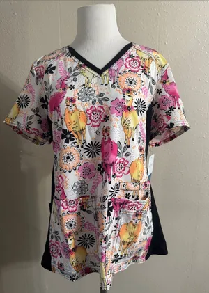 Cherokee V-Neck Scrub Top in Pink, Yellow & Black Floral llama Print thumbnail 1